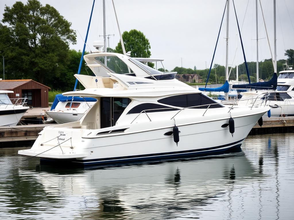 White 32ft flybridge motor cruiser moored at a UK marina