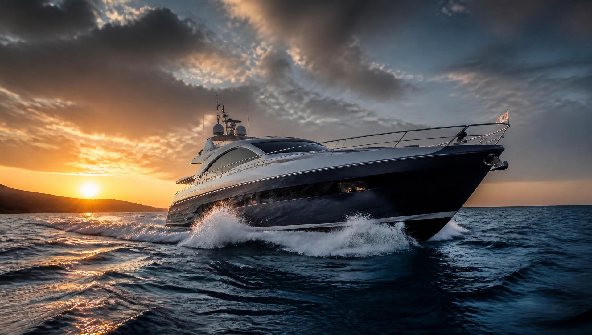 Motor yacht cutting through open sea at sunset